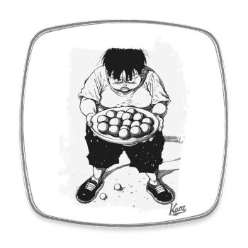 Garçon japonais avec un bol de boulettes de riz - Magnet carré - blanc - Devant