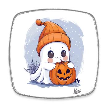 Süßer, kleiner Geist mit Halloween-Kürbis - Viereckiger Kühlschrankmagnet - Weiß - Vorne