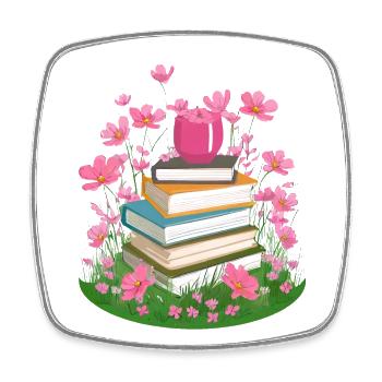 A stack of books in a flower meadow - Square fridge magnet - white - Front