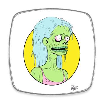 Dessin animé drôle fou : Fille zombie stupide - Magnet carré - blanc - Devant