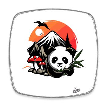 Panda avec des champignons, du bambou et des montagnes dans la nature - Magnet carré - blanc - Devant