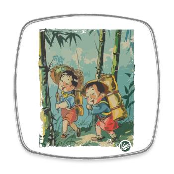 Enfants chinois : Randonnée dans la forêt de bambous - Magnet carré - blanc - Devant