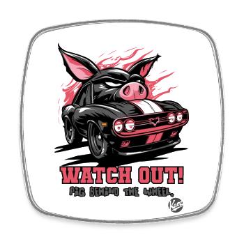 Le cochon au volant conduit une voiture musclée, attention ! - Magnet carré - blanc - Devant