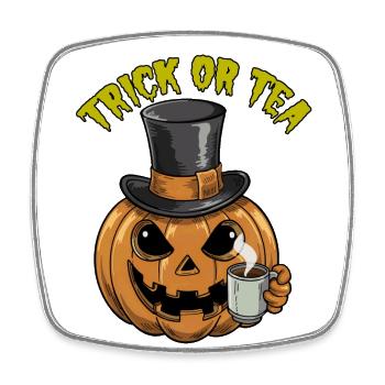 Trick or Tea lustiger Halloweenkürbis mit Teetasse - Viereckiger Kühlschrankmagnet - Weiß - Vorne