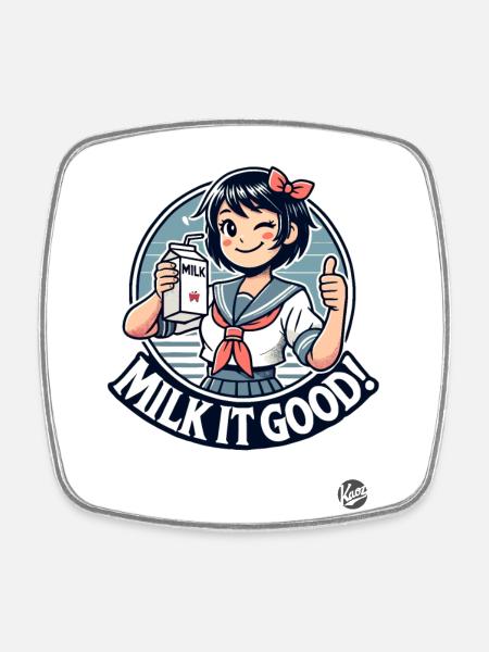 Thumbs up cartoon girl drinking milk - Square fridge magnet - white