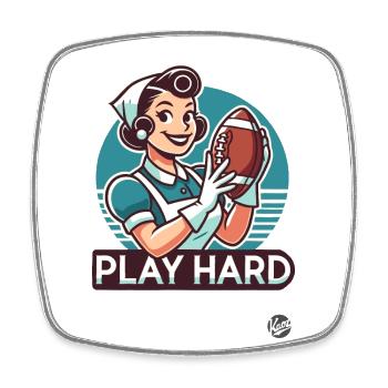 Femme au foyer de dessin animé rétro jouant au football américain - Magnet carré - blanc - Devant