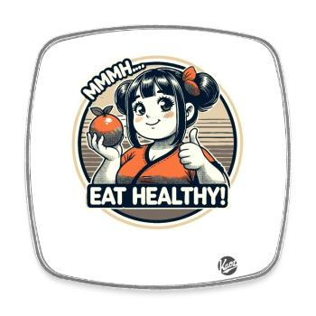 Cheerful healthy cartoon girl with fruit - Square fridge magnet - white - Front