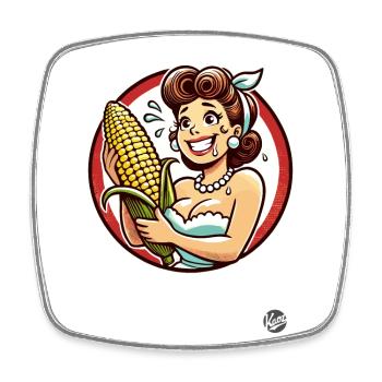 Femme au foyer en sueur avec un gros épi de maïs - Magnet carré - blanc - Devant