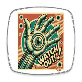 Weltraum Zombie - Retro Hand mit Auge, Achtung! - Viereckiger Kühlschrankmagnet - Weiß - Vorne