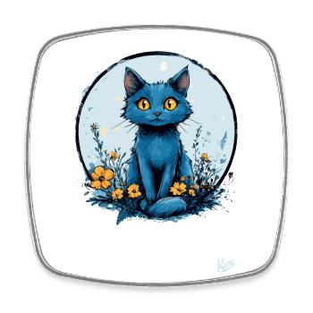 Blaue Katze mit gelben Blumen - Viereckiger Kühlschrankmagnet - Weiß - Vorne
