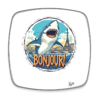 Guten Tag! Hai in der Seine sagt Bonjour! - Viereckiger Kühlschrankmagnet - Weiß - Vorne