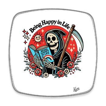 Grim Reaper avec le livre « Être heureux dans la vie » - Magnet carré - blanc - Devant