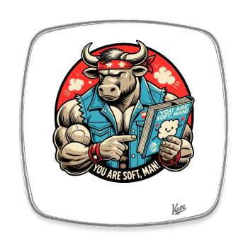 Bodybuilder-Stier liest Buch: Du bist weich, Mann - Viereckiger Kühlschrankmagnet - Weiß - Vorne