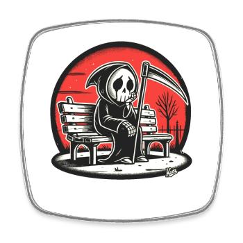 Lonely Grim Reaper on a Park Bench - Square fridge magnet - white - Front