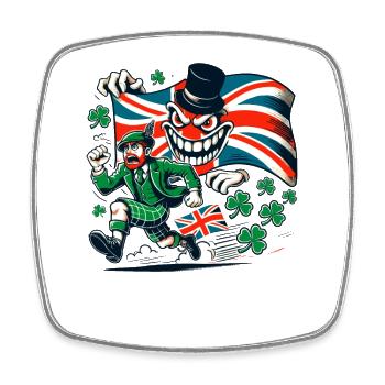 Irish man running away from the England monster - Square fridge magnet - white - Front