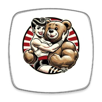 Retro beauty lady with strong stuffed animal bear - Square fridge magnet - white - Front