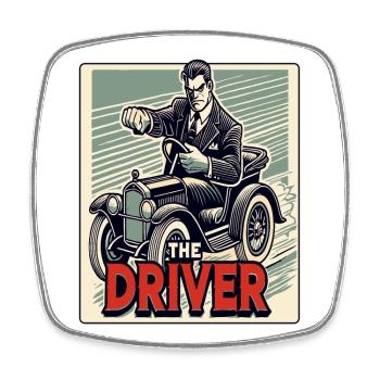 Retro cartoon with vintage car: The driver - Square fridge magnet - white - Front