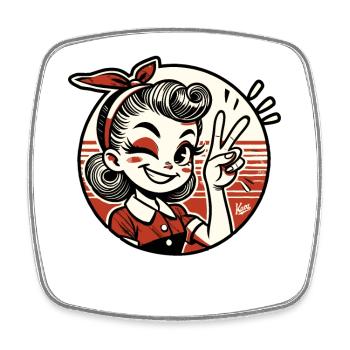 Retro 1950s Cartoon Girl with Peace Sign - Square fridge magnet - white - Front