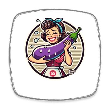 Femme au foyer tenant timidement une grosse aubergine - Magnet carré - blanc - Devant