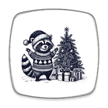 Cheerful raccoon with Christmas tree - Square fridge magnet - white - Front