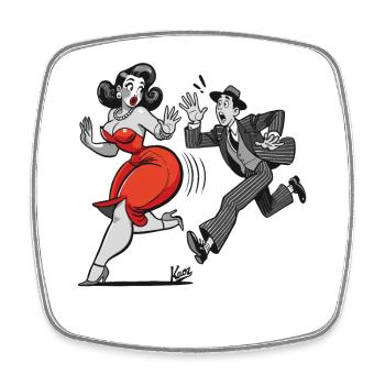 Retro cartoon: man and woman running - Square fridge magnet - white - Front