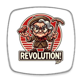 Witzige Oma mit Ziegelstein: Lustige Revolution - Viereckiger Kühlschrankmagnet - Weiß - Vorne
