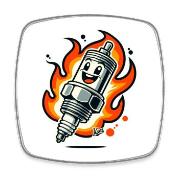 Cheerful spark plug on fire - Square fridge magnet - white - Front