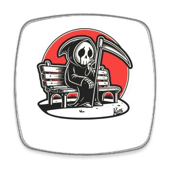 Lonely sad Grim Reaper on park bench - Square fridge magnet - white - Front