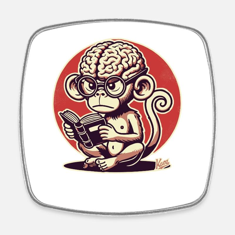 Nerd-Affe mit großem Geirn liest ein Buch - Viereckiger Kühlschrankmagnet - Weiß