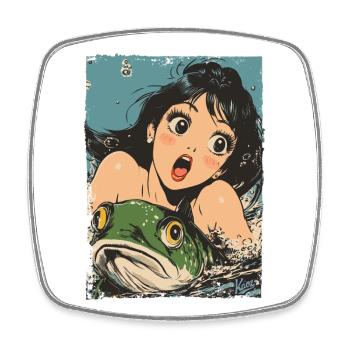 Cartoon Meerjungfrau und grüner Fisch - Viereckiger Kühlschrankmagnet - Weiß - Vorne