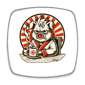 Bad mood morning grouch pig with coffee - Square fridge magnet - white - Front