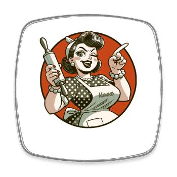 Femme au foyer avec rouleau à pâtisserie pointant avec le doigt - Magnet carré - blanc - Devant