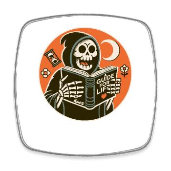 Grim Reaper reads guidebook book for life - Square fridge magnet - white - Front