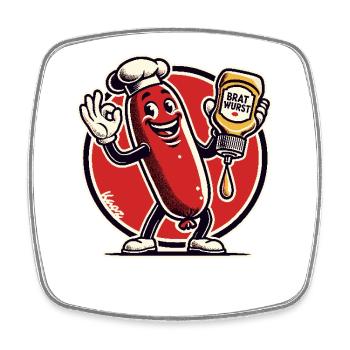 delicious happy chef: bratwurst with sauce - Square fridge magnet - white - Front
