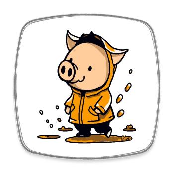 Fröhliches Schwein im Regen im gelben Regenmantel - Viereckiger Kühlschrankmagnet - Weiß - Vorne