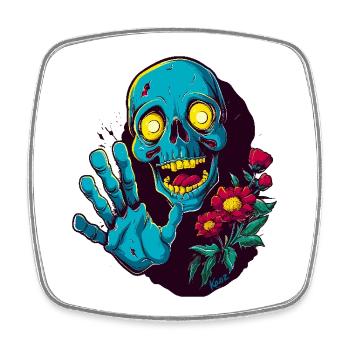 Funny skull with flowers greets: Hello! - Square fridge magnet - white - Front