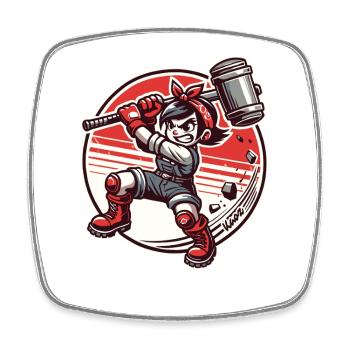 Cute cartoon girl with hammer - Square fridge magnet - white - Front
