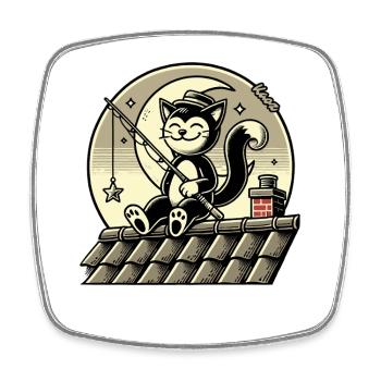Katze angelt Sterne auf dem Dach - Viereckiger Kühlschrankmagnet - Weiß - Vorne