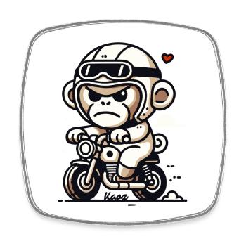 Petit singe motard sur une petite moto - Magnet carré - blanc - Devant