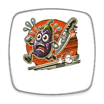 Aubergine on the run from the chef's knife - Square fridge magnet - white - Front