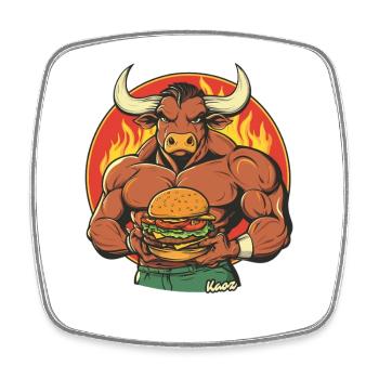 Muscle Bull avec burger – BBQ Power - Magnet carré - blanc - Devant
