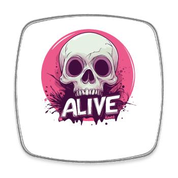 Skeleton "Alive" – Ironic Skull - Square fridge magnet - white - Front