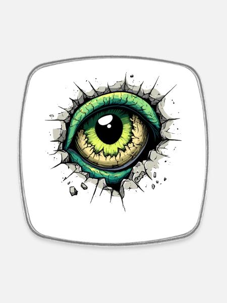 Monster-Auge guckt durch das Loch in der Wand - Viereckiger Kühlschrankmagnet - Weiß