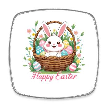 Joyeuses Pâques – Lapin mignon dans le panier de Pâques - Magnet carré - blanc - Devant