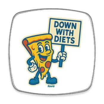 retro cartoon pizza Protest: „Nieder mit Diäten" - Viereckiger Kühlschrankmagnet - Weiß - Vorne