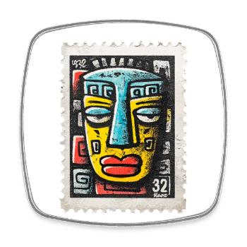 Bunte Maske im Tribal-Stil auf Briefmarke - Viereckiger Kühlschrankmagnet - Weiß - Vorne