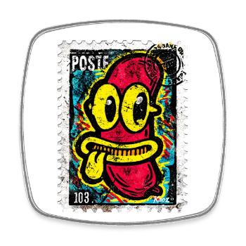 Freche Comic-Wurst mit Zunge auf Briefmarke - Viereckiger Kühlschrankmagnet - Weiß - Vorne