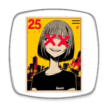 japanisches X-Augen Girl vor brennender Großstadt - Viereckiger Kühlschrankmagnet - Weiß - Vorne