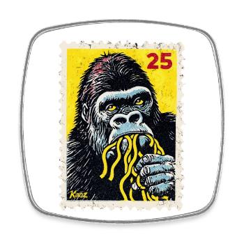 Gorille mange des nouilles – Timbre de bande dessinée - Magnet carré - blanc - Devant