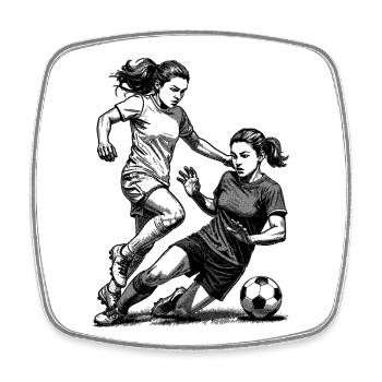 Duel on the pitch! Shirt for female footballers. - Square fridge magnet - white - Front